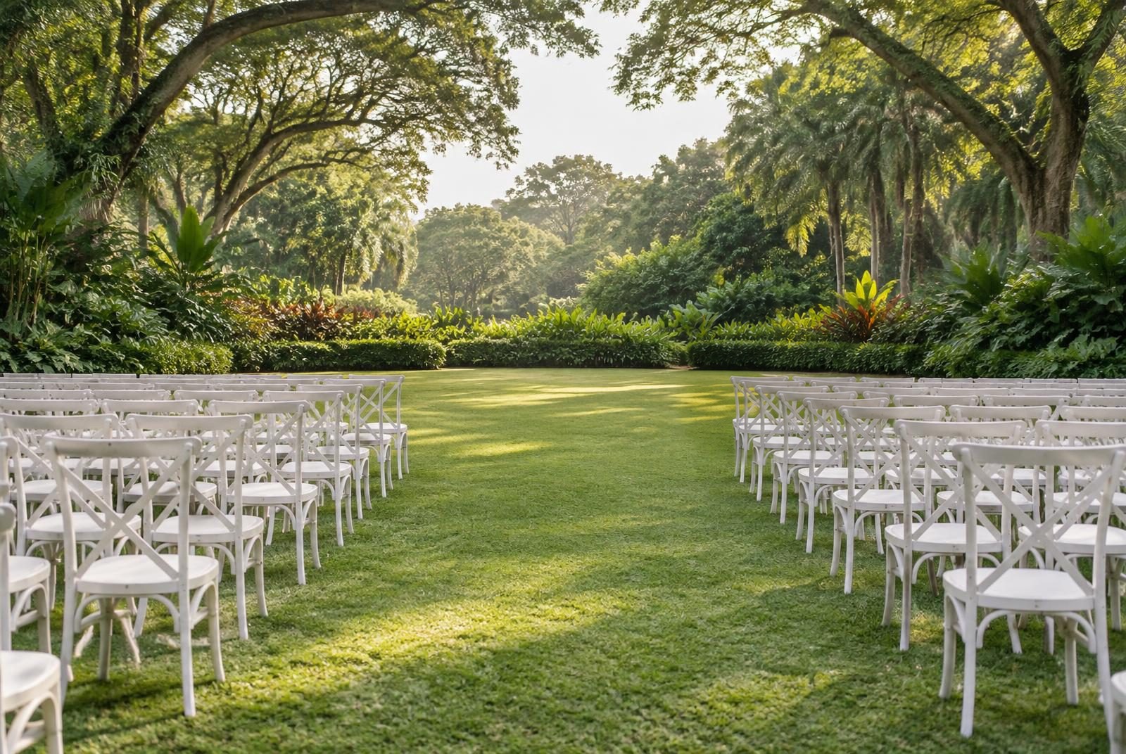 Lush tropical garden lawn set for a wedding ceremony